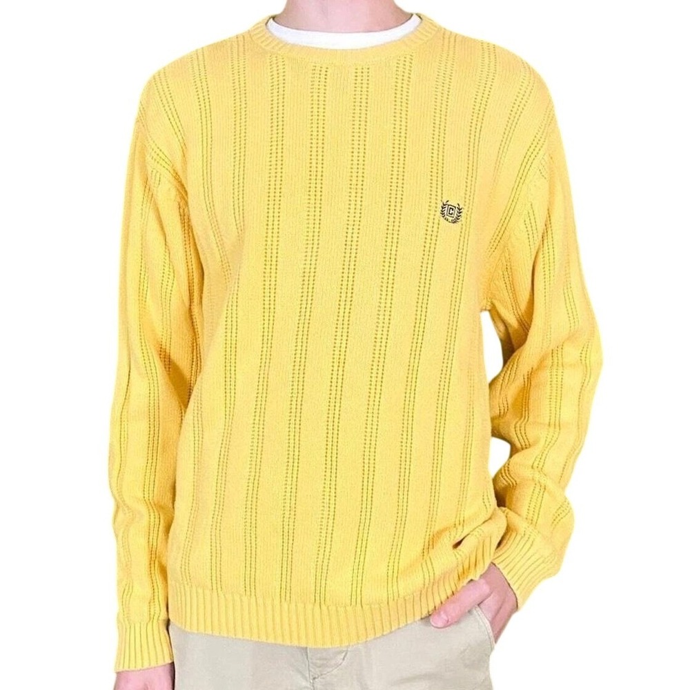 Chaps Medium Y2K Yellow Cotton Textured Knit Crewneck Sweater Logo Long Sleeve